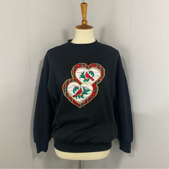 Vintage 90’s Embroidered Cardinal Hearts Christmas Sweatshirt Crew Neck Black - Picture 2 of 9